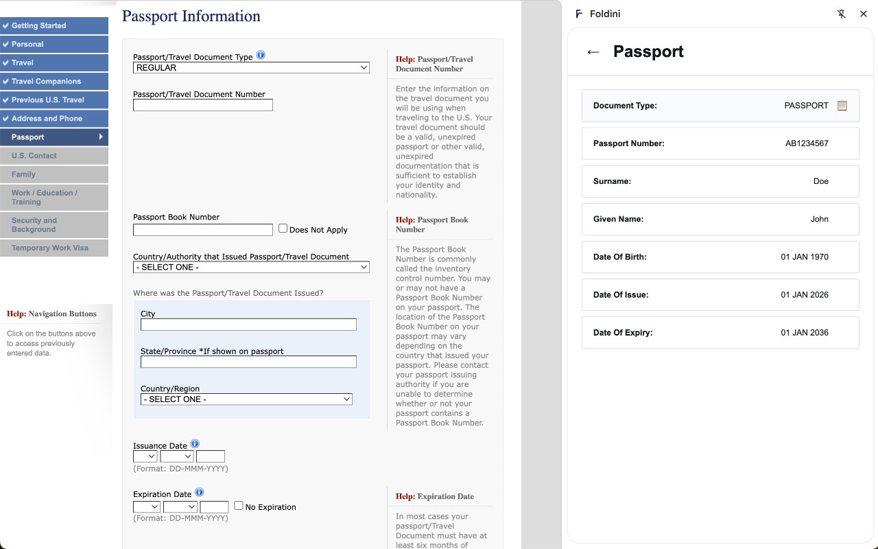 Foldini sidebar showing extracted passport data next to a visa application form